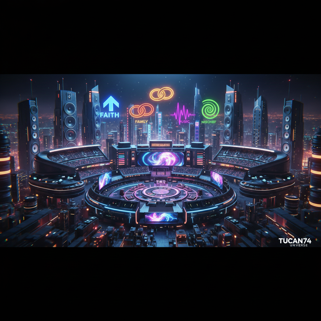 A sweeping digital-art panorama of the TUCAN74 UNIVERSE: an expansive futuristic stadium morphs into a neon-lit recording studio and a sleek production control room, all fused into one bold entertainment cityscape. Vinyl records, glowing speakers, and stylized sports arenas rise like skyscrapers. Four abstract glowing emblems float above the scene symbolizing FAITH, FAMILY, MUSIC, MISCHIEF through shapes and colors rather than text. Intense, saturated lighting with electric blues, fiery oranges, and deep purples creates a high-energy atmosphere. Shot from a wide cinematic angle with dramatic depth, sharp focus on the central arena-stage hybrid, and soft bokeh lights in the distance. The mood is epic, confident, and larger-than-life, perfectly representing a creative entertainment universe.