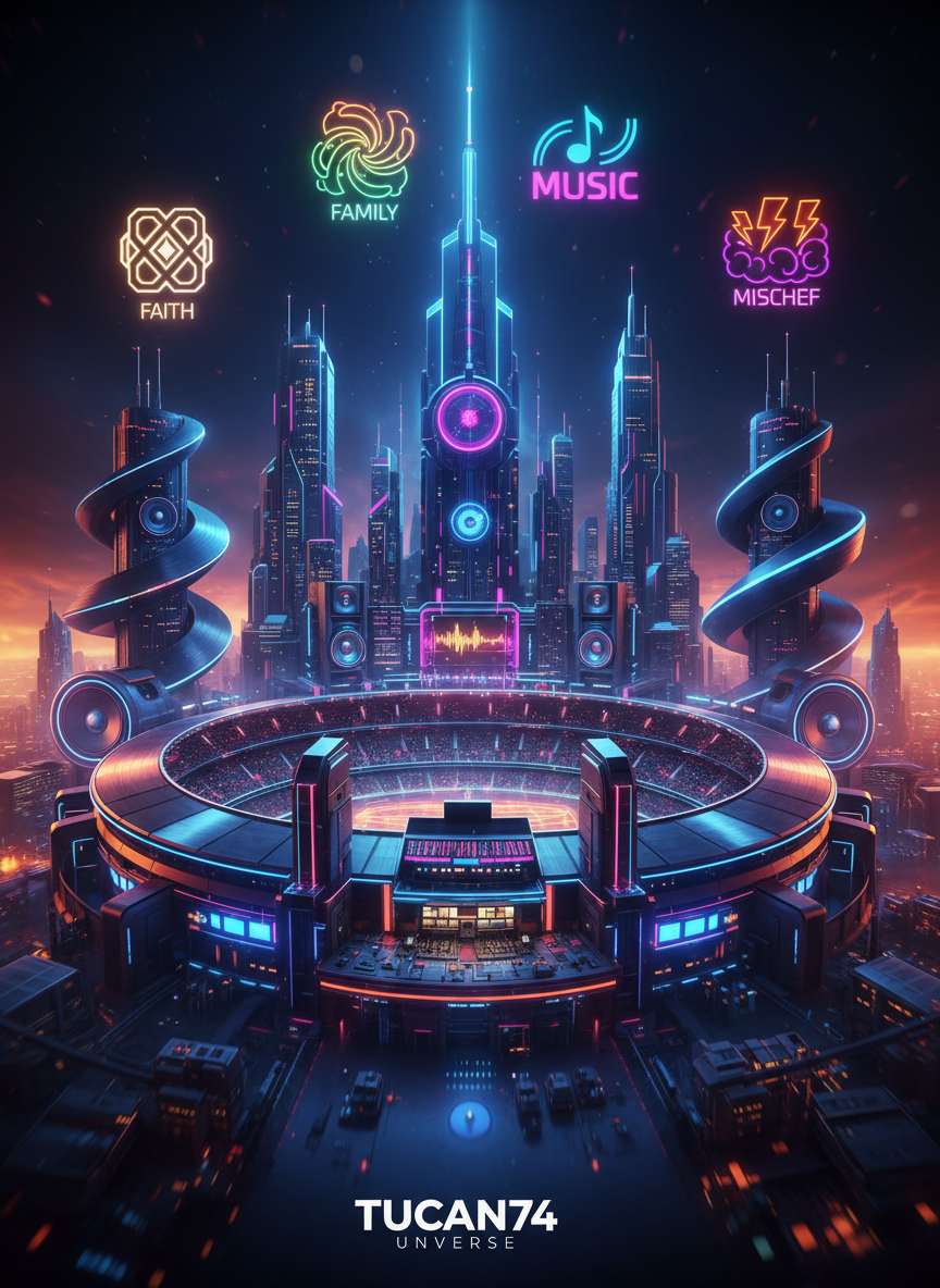 A sweeping digital-art panorama of the TUCAN74 UNIVERSE: an expansive futuristic stadium morphs into a neon-lit recording studio and a sleek production control room, all fused into one bold entertainment cityscape. Vinyl records, glowing speakers, and stylized sports arenas rise like skyscrapers. Four abstract glowing emblems float above the scene symbolizing FAITH, FAMILY, MUSIC, MISCHIEF through shapes and colors rather than text. Intense, saturated lighting with electric blues, fiery oranges, and deep purples creates a high-energy atmosphere. Shot from a wide cinematic angle with dramatic depth, sharp focus on the central arena-stage hybrid, and soft bokeh lights in the distance. The mood is epic, confident, and larger-than-life, perfectly representing a creative entertainment universe.