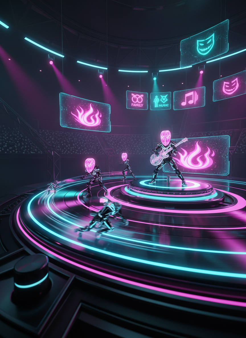 A dynamic digital-art close-up of a futuristic turntable fused with a sports arena: the spinning record’s grooves transform into a glowing racetrack encircling a central performance stage. Stylized, mask-like original characters made of light and geometric armor appear as holographic performers and athletes, avoiding any human realism. The environment is a dark, high-tech chamber with floating screens showing abstract flames and icons suggesting FAITH, FAMILY, MUSIC, MISCHIEF without words. Vivid magenta and electric teal spotlights slice through subtle fog, casting dramatic highlights on metallic surfaces. Captured from a low-angle, almost at record level, with motion blur on the spinning edge and crisp detail on the central stage, creating a bold, intense, and immersive mood.