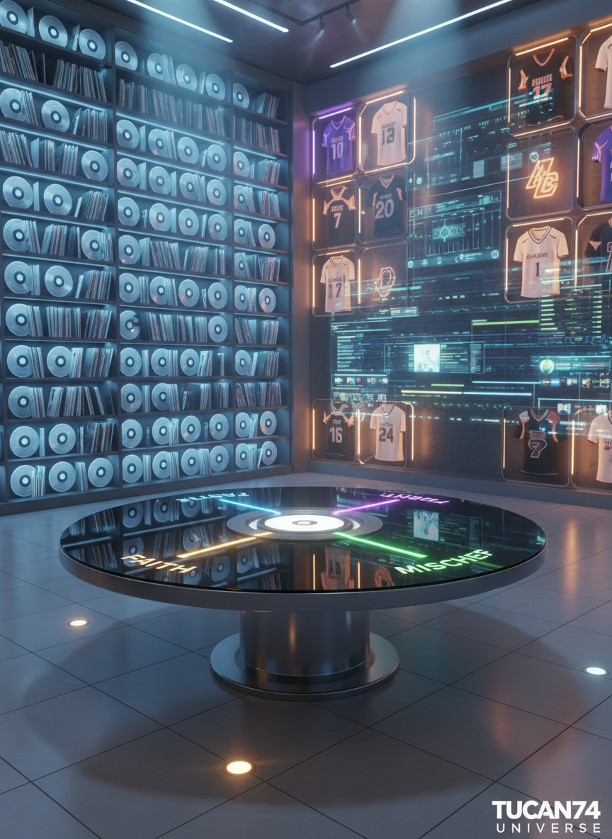 A sleek digital-art interior of a futuristic hybrid space that is part recording studio, part locker room, part editing bay. One wall is lined with towering glowing record shelves, another with illuminated sports jerseys represented as floating geometric panels, and a third with holographic editing timelines and video thumbnails. In the center, a large circular table made of black glass and brushed metal features four radiating light patterns symbolizing FAITH, FAMILY, MUSIC, MISCHIEF. Soft, directional studio lighting in cool blues and warm ambers creates reflections on the table and subtle shadows across the room. Captured from an eye-level, wide-angle perspective with clean lines, deep depth of field, and a polished, modern atmosphere that feels like the command hub of the TUCAN74 UNIVERSE.