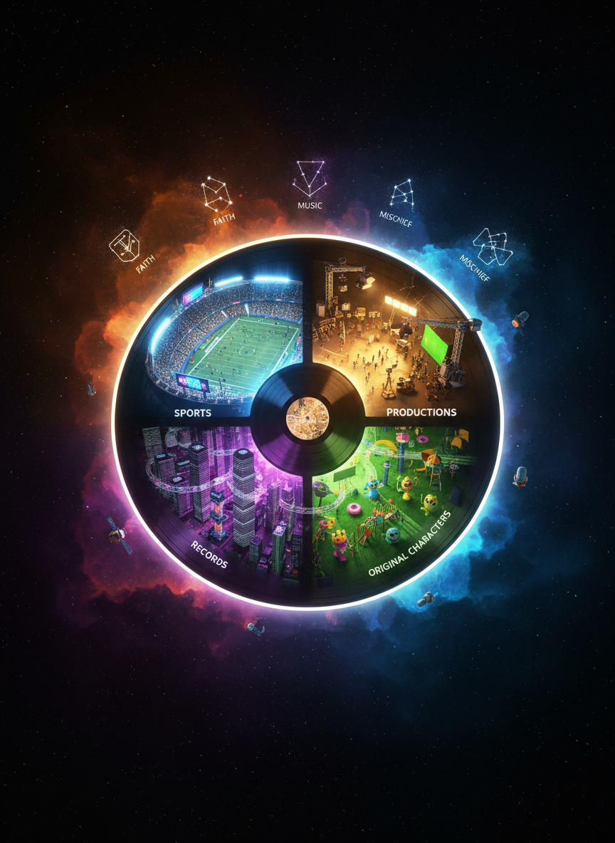 A vibrant digital-art scene of a cosmic “record planet” floating in deep space, its surface divided into four themed zones representing sports, productions, records, and original characters. One quadrant is a glowing stadium bowl, another a film set with robotic cameras and light rigs, another a city of towering vinyl stacks, and the last a playground of stylized creature-like mascots. Abstract sigils in the sky hint at FAITH, FAMILY, MUSIC, MISCHIEF as constellations of light. Nebulae in neon oranges, blues, and violets backlight the planet. The composition is a three-quarter planetary view with sharp focus, crisp rim lighting along the edge, and tiny orbiting satellites shaped like microphones and basketballs, creating an adventurous, bold, universe-building atmosphere.